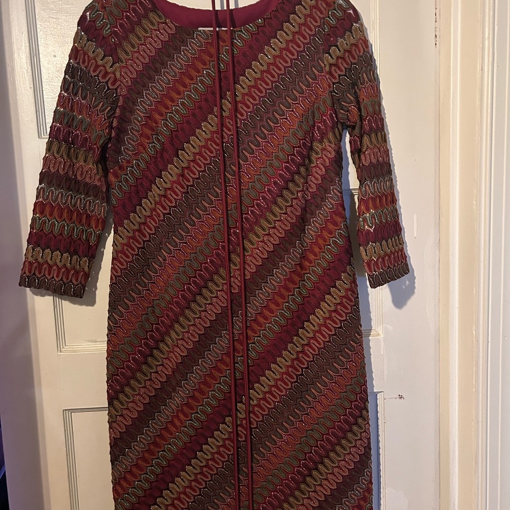 Multi-Colored 3/4 Sleeve Dress with Waist Tie